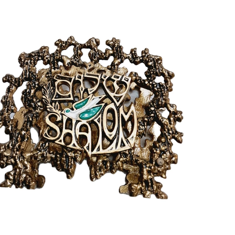 Tamar Brass Metal Shalom Letter Napkin Holder Israel Enameled Bird Dove